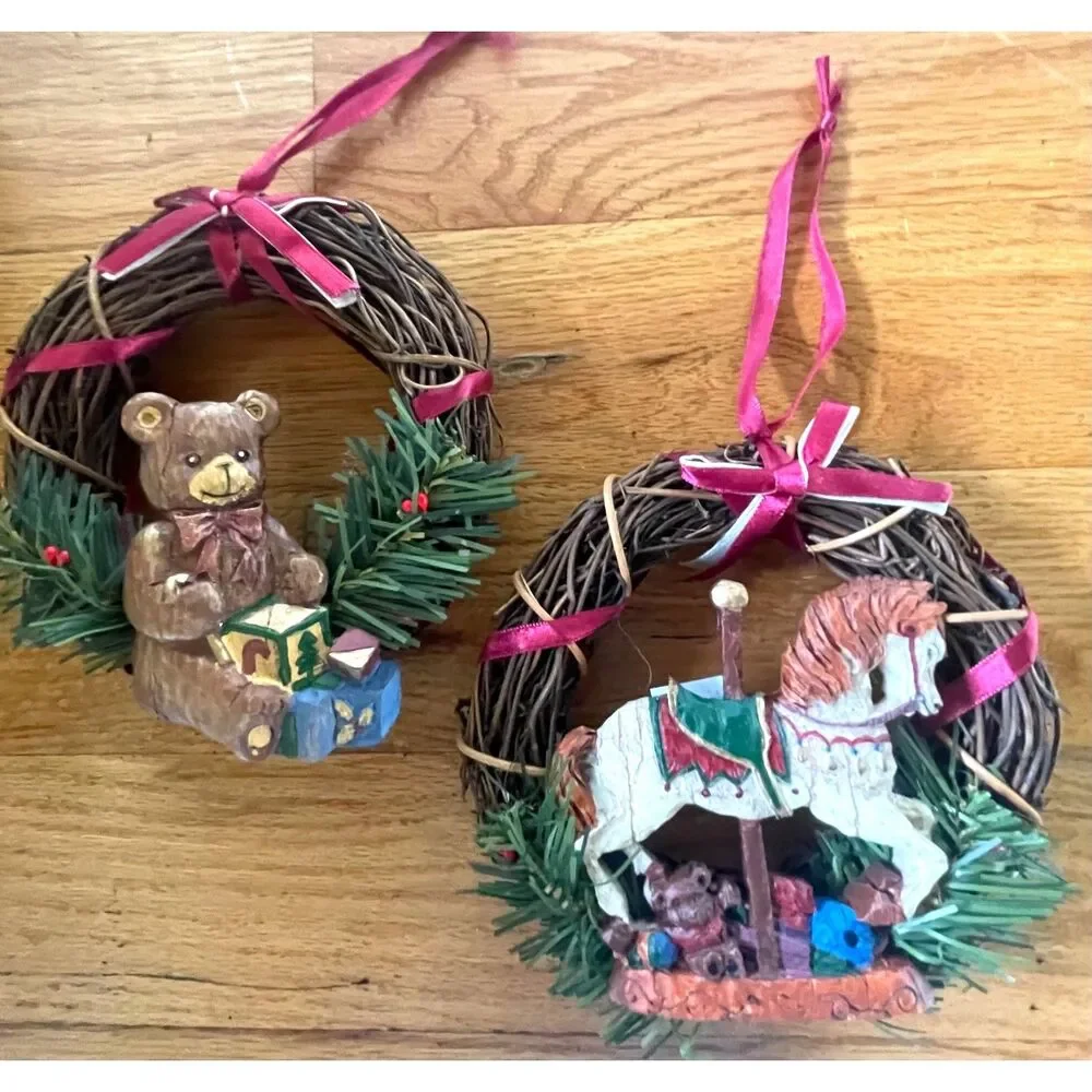 Vintage Russ Berrie Teddy Bear Carousel Horse Christmas Ornament Set Taiwan